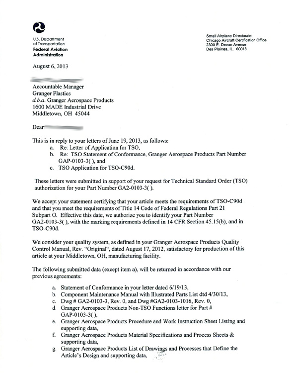 TSO C90d Authorization for Granger Plastics