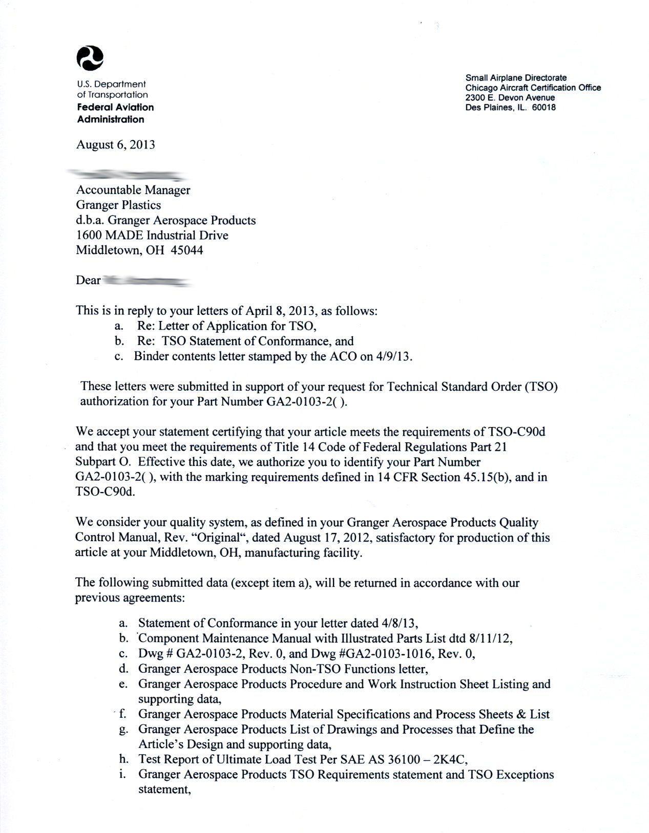 TSO C90d Authorization for Granger Plastics